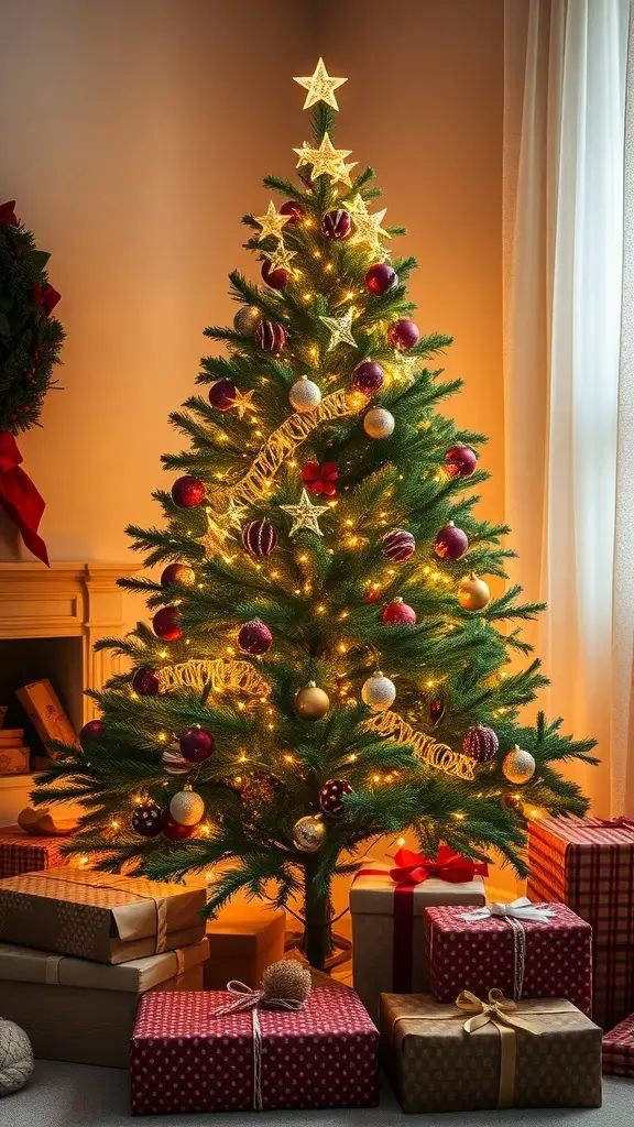 A hunter green Christmas tree decorated with warm lights and colorful ornaments, surrounded by wrapped gifts.