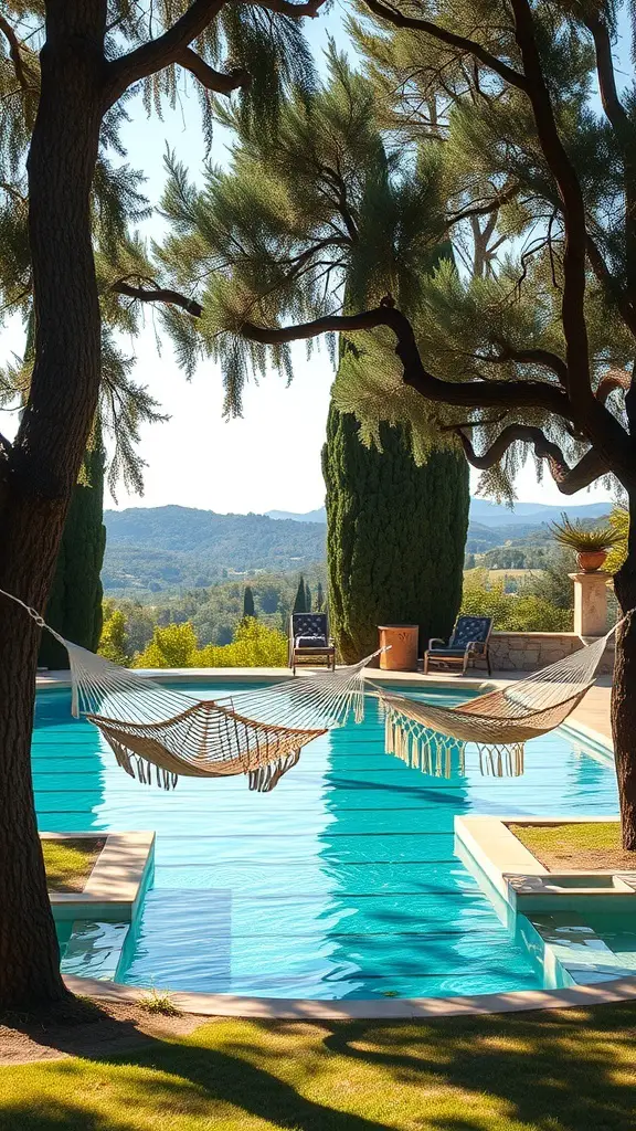 23+ Stunning Tuscan Pool Designs for Your Dream Backyard 14 A picturesque scene of a Tuscan pool with hammocks hanging between trees, surrounded by lush greenery.