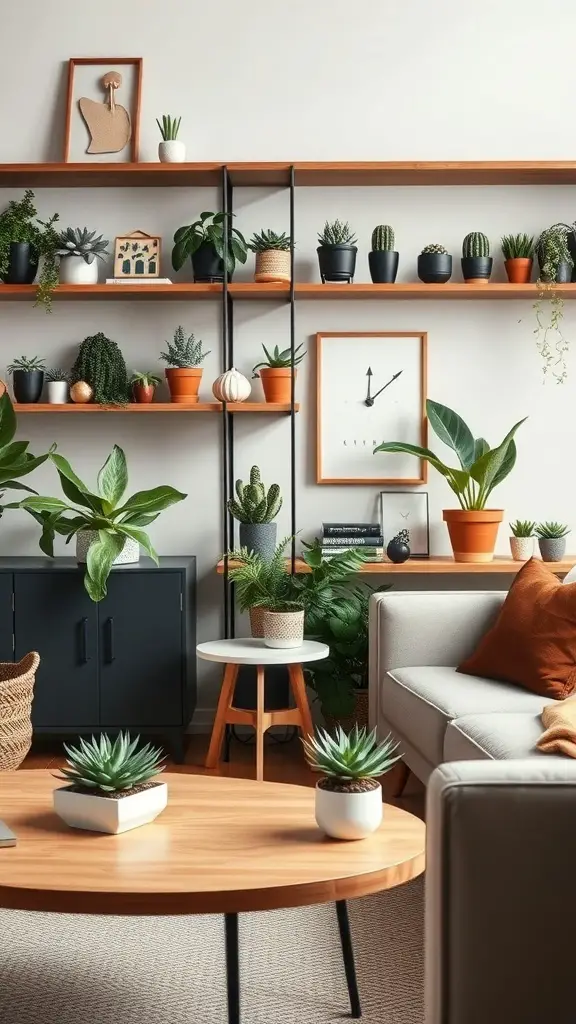 29+ Creative Succulent Pot Ideas You’ll Love 11 A cozy living room with various succulent arrangements on shelves and tables.