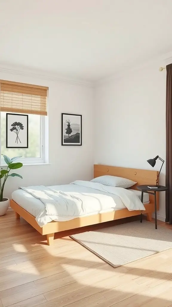 A small room featuring a full-size bed against a wall, with a bedside table and a plant.