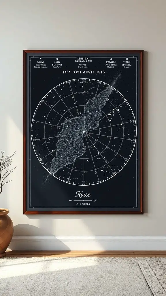 A framed custom star map showing constellations and stars in a dark design.