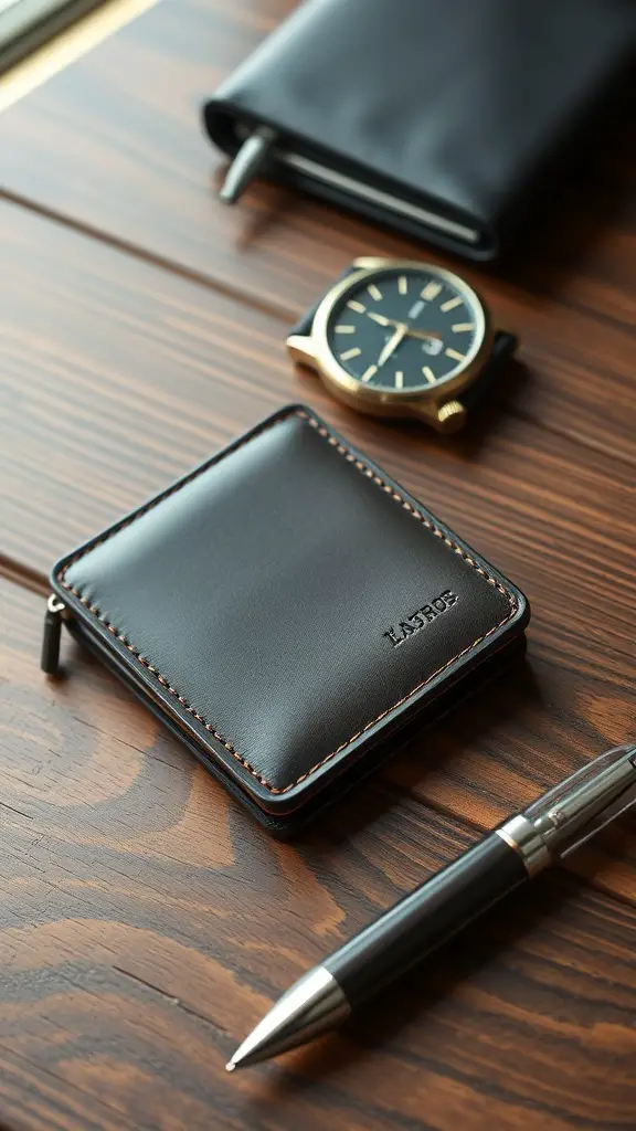 Personalized leather wallet on a wooden table with a pen and watch.
