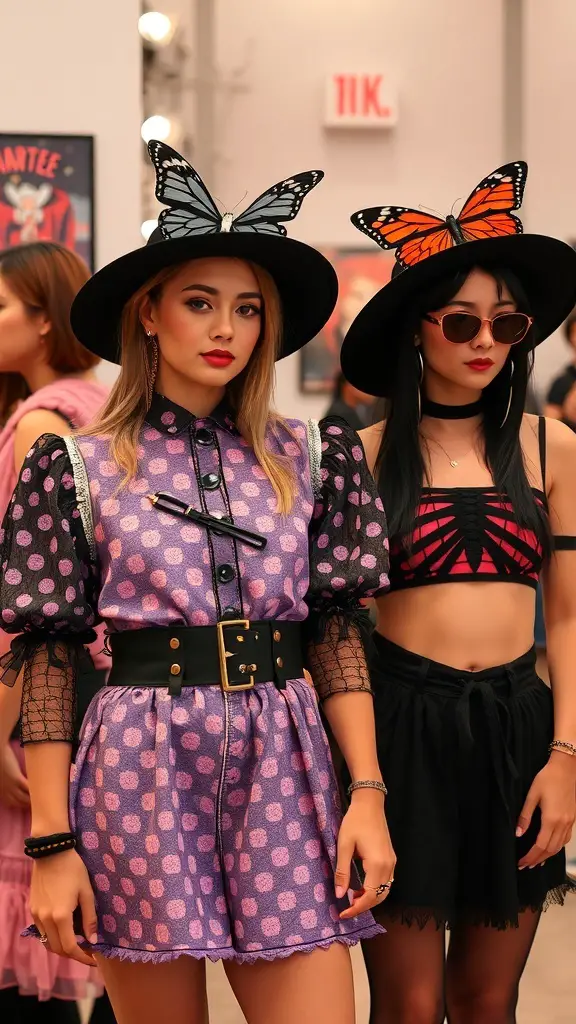 Two individuals showcasing 2000s Halloween fashion with butterfly hats and bold outfits.