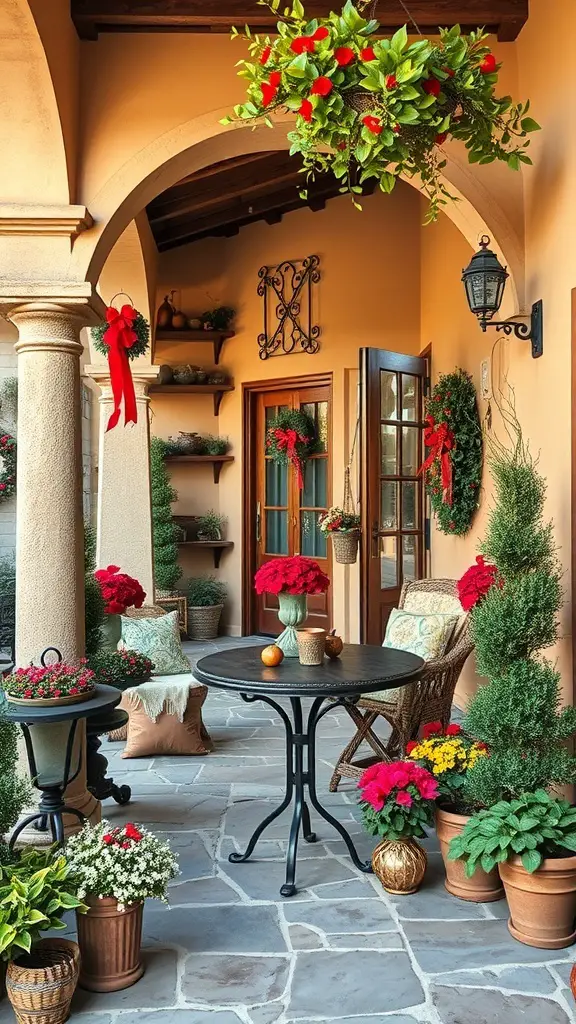 29+ Stunning Tuscan Patio Ideas for Your Outdoor Oasis 16 A beautifully decorated Tuscan patio with seasonal flowers and festive decor.
