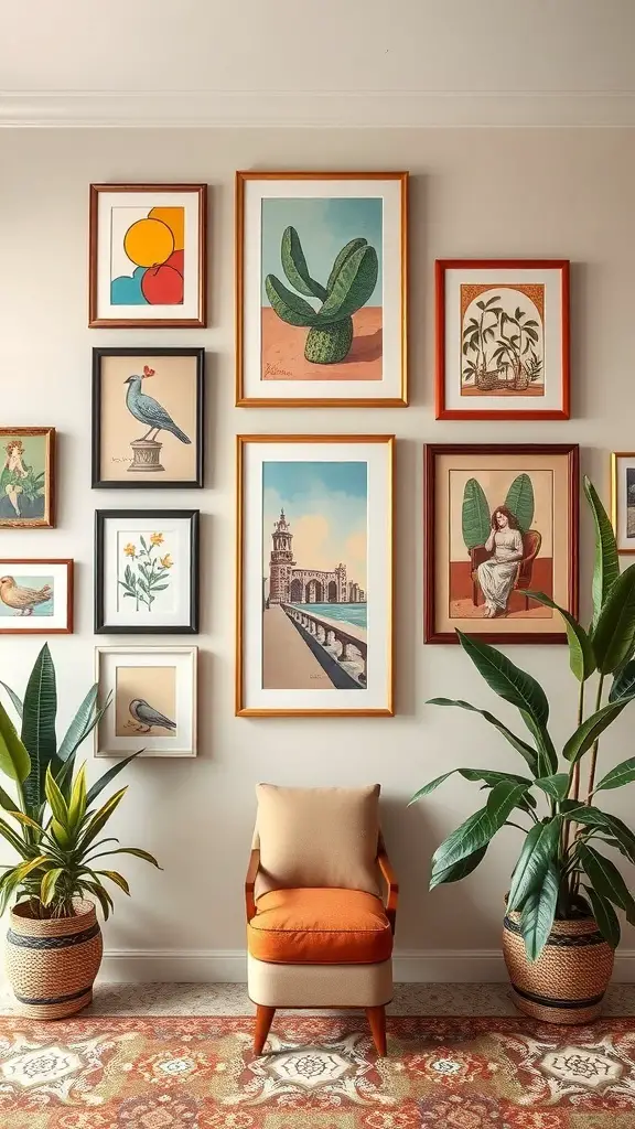 29+ Inspiring Spanish Revival Home Designs You’ll Love 10 A wall adorned with various framed artworks and potted plants, featuring a cozy chair in front.