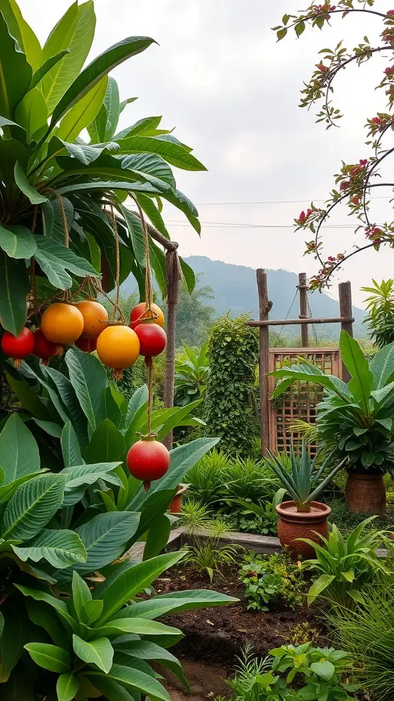 25+ Stunning Bali Garden Design Ideas You’ll Love 16 A vibrant Bali garden featuring tropical fruits and lush greenery.