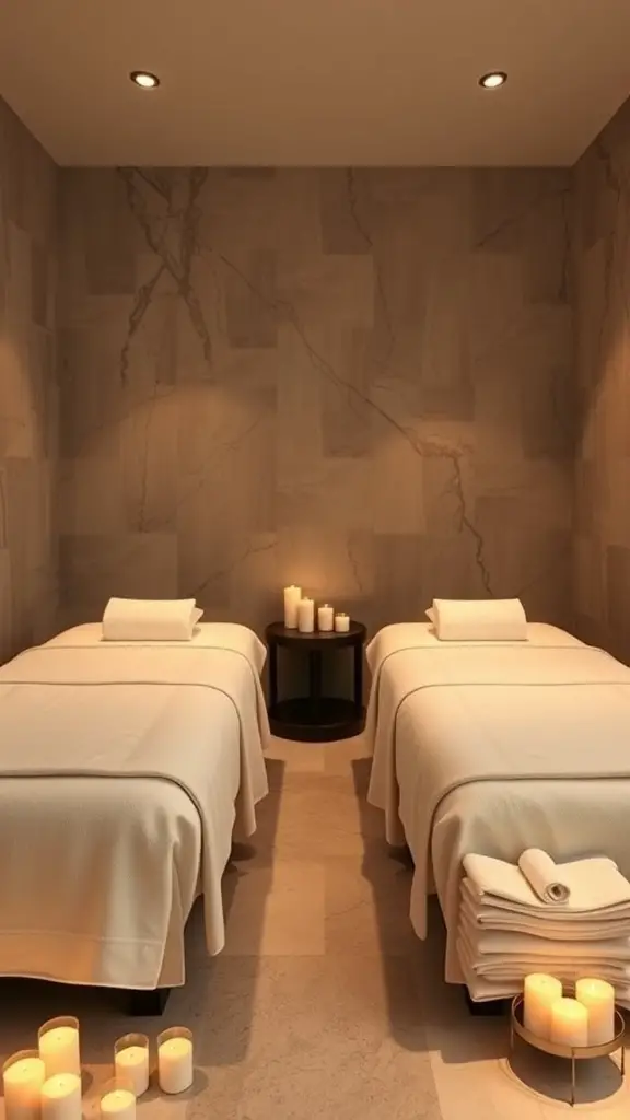 31+ Thoughtful Anniversary Gift Ideas for Every Couple 5 A serene spa room with two massage tables, soft lighting, and candles.
