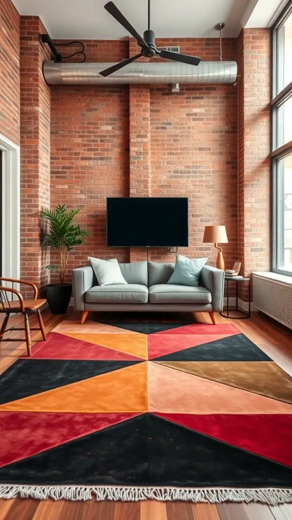 25+ Stunning Geometric Rug Designs for Your Home 13 A cozy living room featuring an asymmetrical geometric rug with bold colors and shapes.