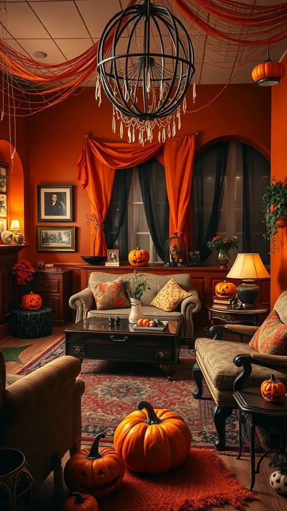 A cozy room decorated for Halloween with orange drapes, a black chandelier, and various pumpkins.