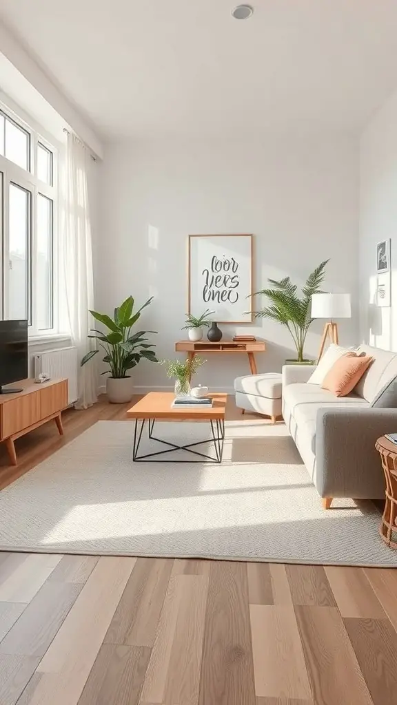 27+ Contemporary Rugs to Elevate Your Living Room Style 7 A minimalist living room with neutral tones, featuring a gray sofa, wooden furniture, and plants.