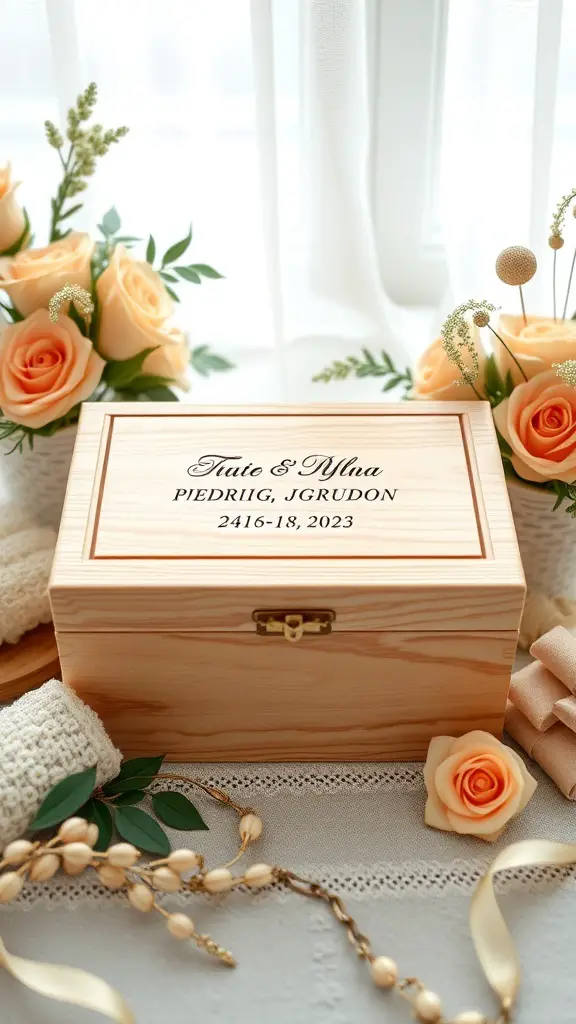 27+ Unique Wedding Gifts for Every Couple 2 Personalized wooden keepsake box with floral decorations, engraved with names and date.