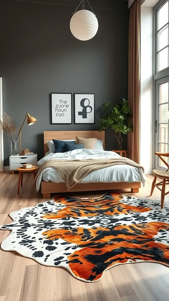 23+ Stunning Bedroom Rug Ideas to Transform Your Space 14 A stylish bedroom featuring a tiger print rug, a wooden bed, and modern decor.