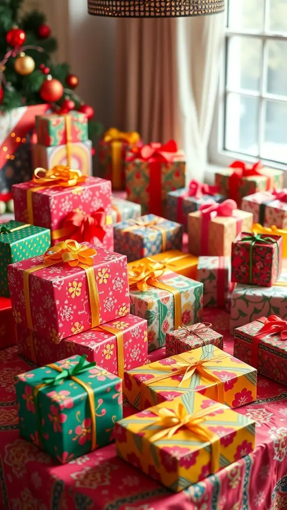 A collection of beautifully wrapped gifts in vibrant colors and patterns, showcasing the 80s Christmas aesthetic.