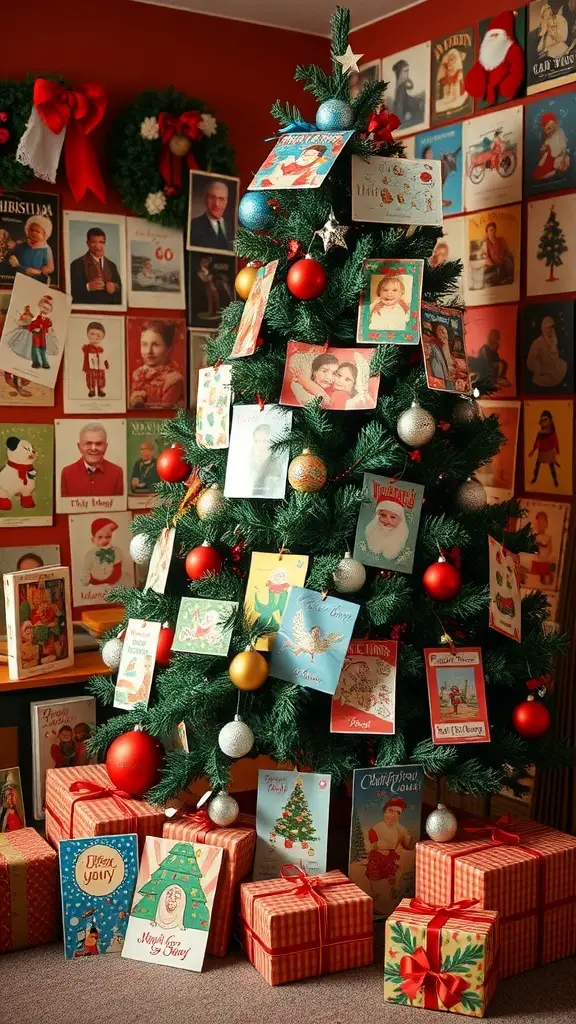 A vintage Christmas tree decorated with holiday cards and surrounded by wrapped gifts.