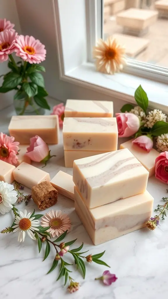 An assortment of handmade soap bars surrounded by flowers on a marble surface.