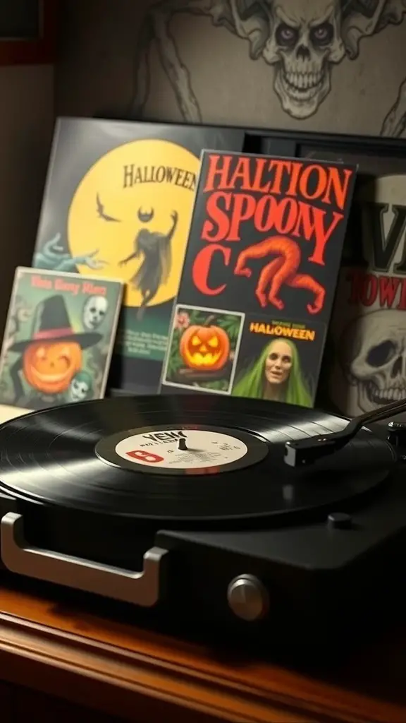A record player with Halloween-themed vinyl records, showcasing the evolution of Halloween music in the 1960s.