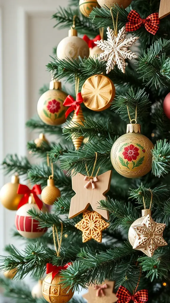 A Christmas tree decorated with various ornaments including wooden shapes, colorful baubles, and ribbons.
