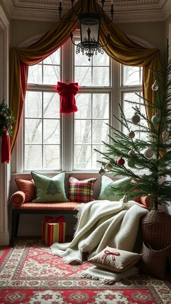 Cozy reading nook decorated for Christmas with a tree, pillows, and a blanket.