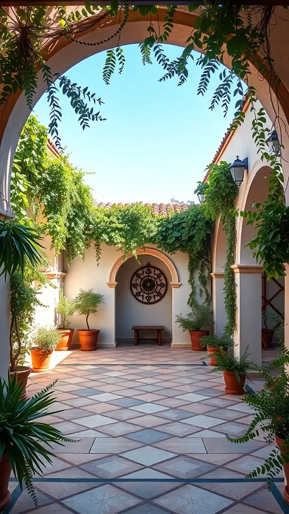 23+ Stunning Mediterranean Patio Ideas for Your Outdoor Oasis 11 A Mediterranean patio featuring charming arches and lush greenery.
