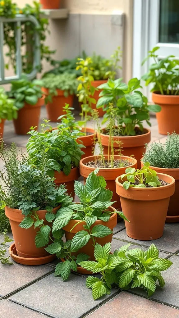 23+ Stunning Mediterranean Patio Ideas for Your Outdoor Oasis 16 A collection of potted herbs including mint, basil, and rosemary on a patio.