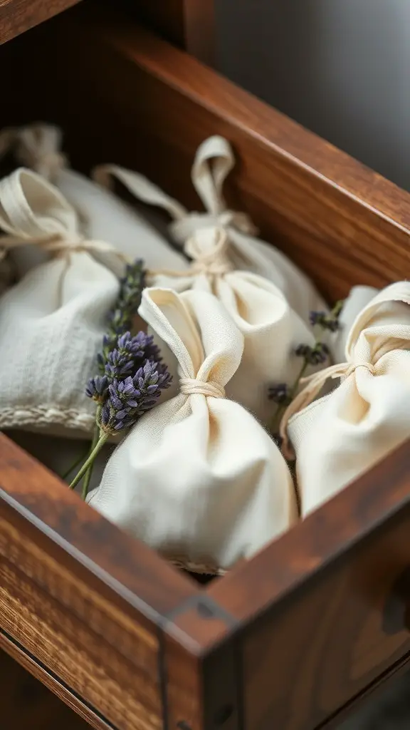 A collection of homemade scented sachets with lavender, neatly arranged in a wooden drawer.