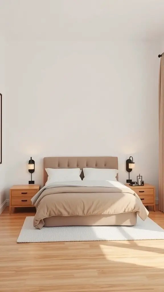 29+ Extra Small Bedroom Ideas to Maximize Space and Style 5 A minimalist bedroom featuring a floating nightstand on each side of a bed with a neutral color scheme.