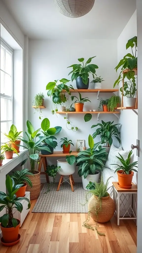35+ Cozy Tiny Bedroom Ideas for Couples: Maximize Your Space Together 5 A cozy bedroom corner filled with various indoor plants, showcasing a lively and refreshing atmosphere.