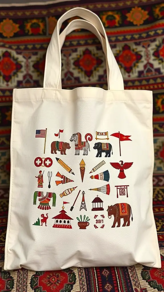 27+ Creative Tote Bag Painting Ideas You’ll Love 15 Tote bag featuring various cultural symbols and icons.