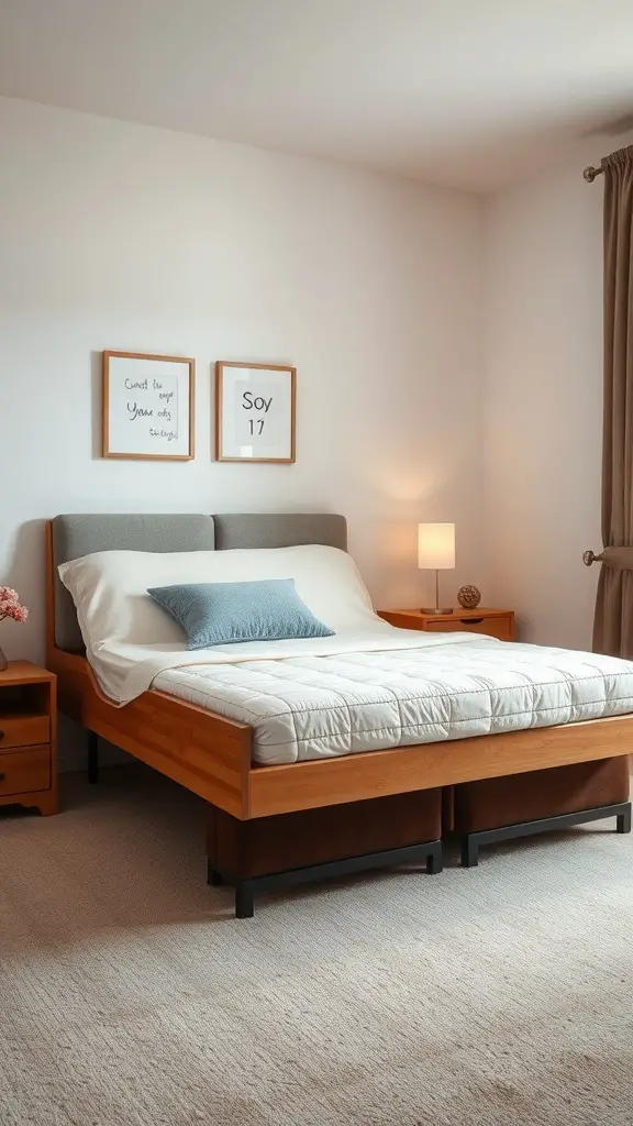 25+ Stylish Bedframe Ideas for Small Rooms 11 A modern adjustable bed frame in a cozy room with warm wood tones and soft lighting.