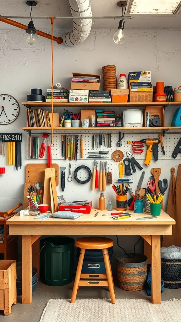 A well-organized workshop with tools, supplies, and a wooden table for hobbies and projects.