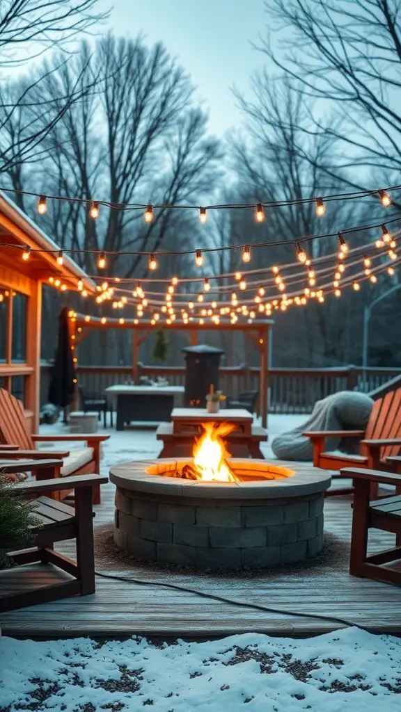 A rustic fire pit surrounded by string lights and wooden chairs on a snowy evening.