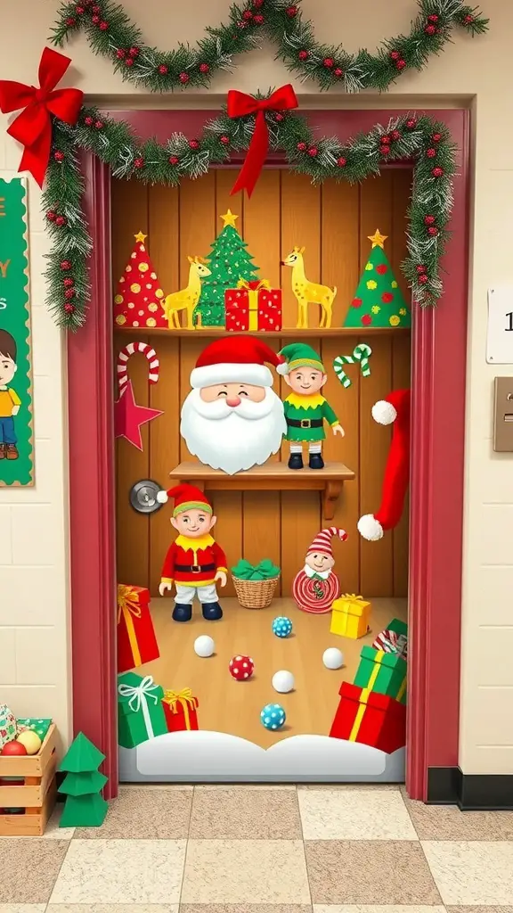 A festive classroom door decorated like Santa's Workshop with Santa, elves, Christmas trees, and gifts.