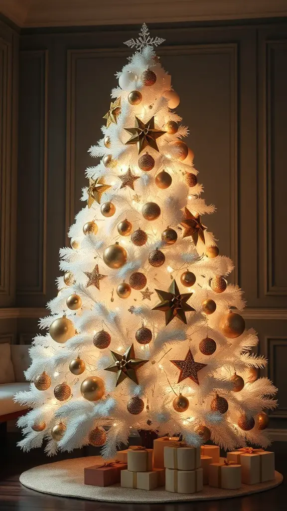 A beautifully decorated white Christmas tree with gold ornaments and lights, surrounded by wrapped gifts.