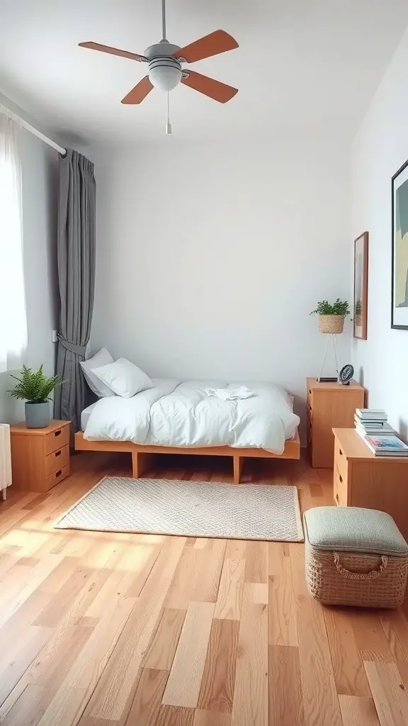 A small room featuring a full-size bed, light wooden flooring, and minimal furniture, creating a spacious feel.