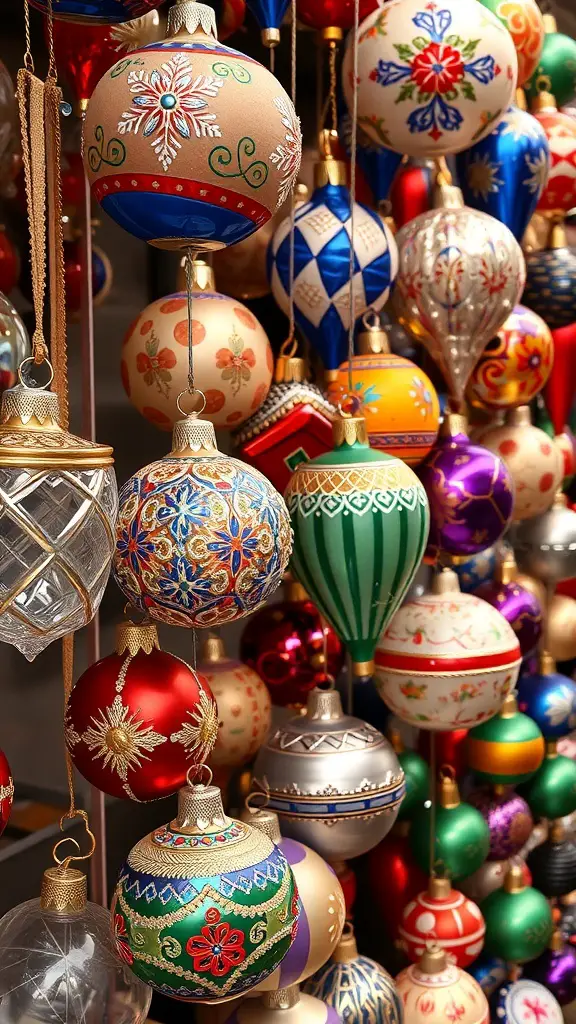 A collection of colorful artisan Czech glass ornaments hanging together.