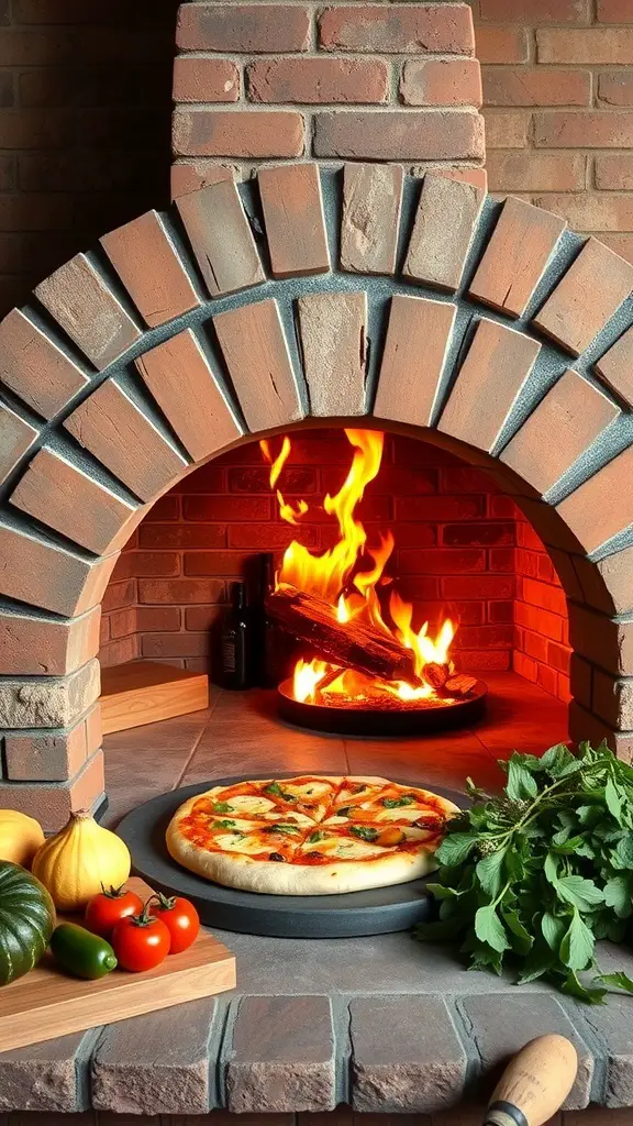 27+ Inspiring Italian Backyard Ideas for a Perfect Outdoor Retreat 5 A traditional brick pizza oven with flames and a pizza ready to bake, surrounded by fresh vegetables.