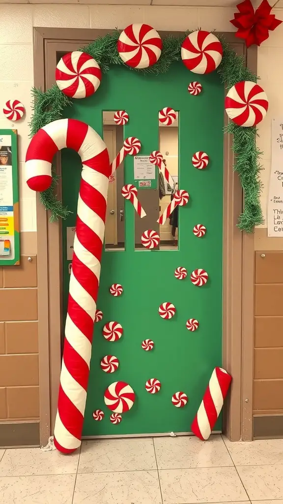 A classroom door decorated with candy canes and peppermint swirls for Christmas.