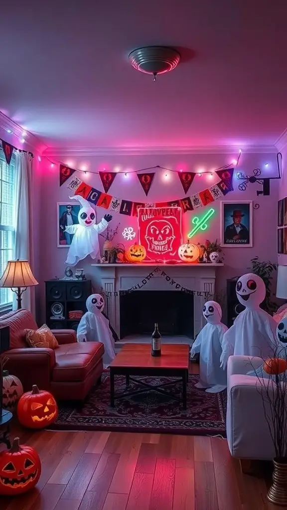 A cozy living room decorated for Halloween with ghost figures, pumpkins, and colorful lights.