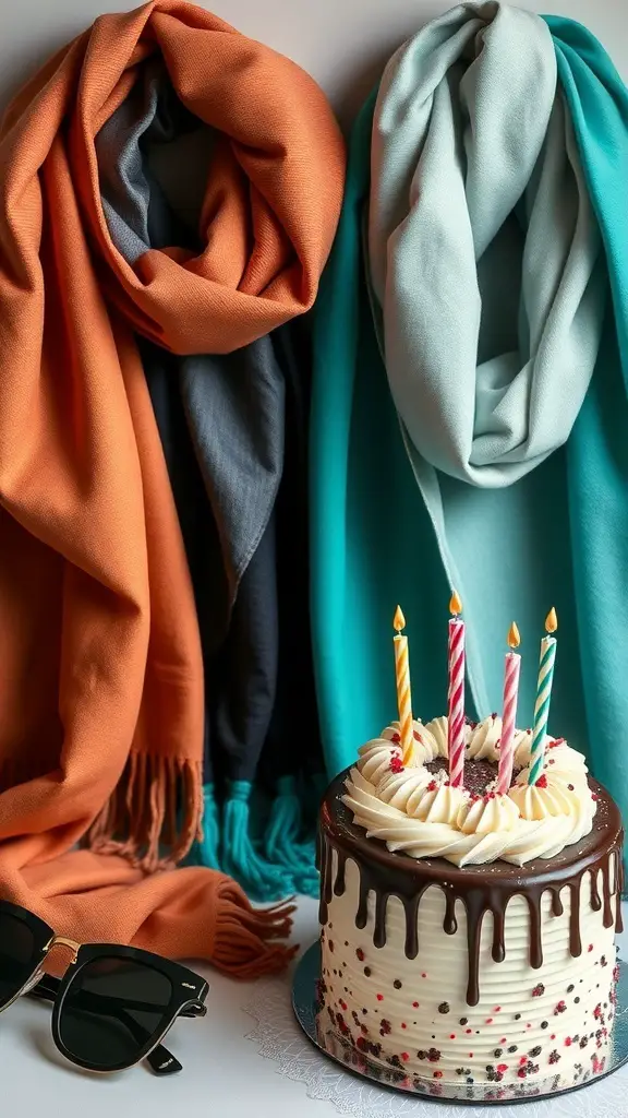 Colorful scarves and a birthday cake with candles
