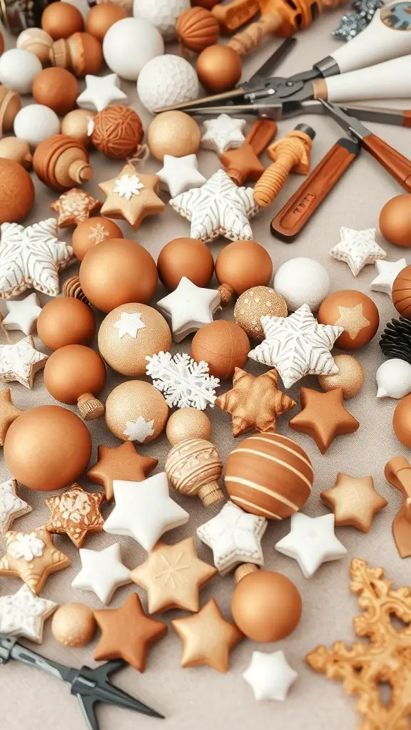 A collection of brown and white Christmas ornaments in various shapes and sizes.