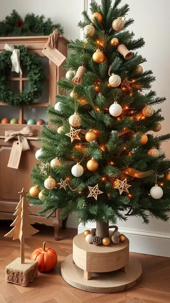 A Christmas tree with a natural wood base, decorated with golden and white ornaments, and surrounded by a small wooden tree and a pumpkin.