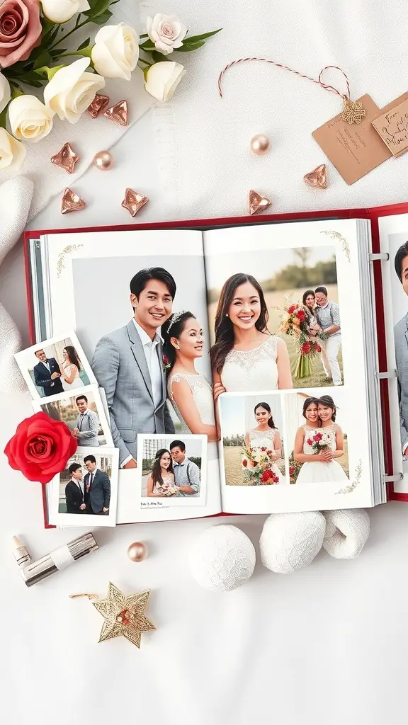 23+ Thoughtful Homemade Gift Ideas for Your Boyfriend 2 A beautifully arranged personalized photo album with pictures of couples, surrounded by flowers and decorative elements.
