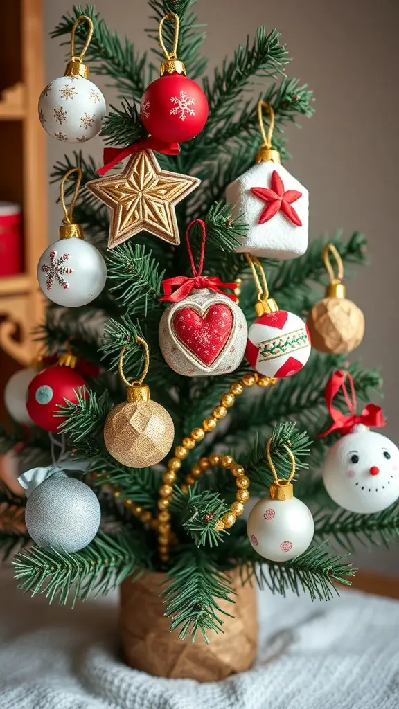 A small Christmas tree decorated with colorful DIY ornaments.