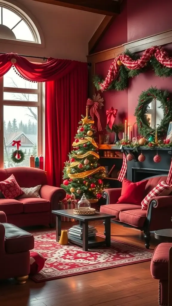 A cozy living room decorated for Christmas with red and green colors, featuring a Christmas tree, garlands, and festive ornaments.