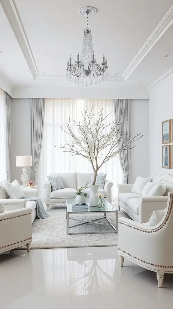 Elegant white and silver themed living room with chandelier and minimalist decor