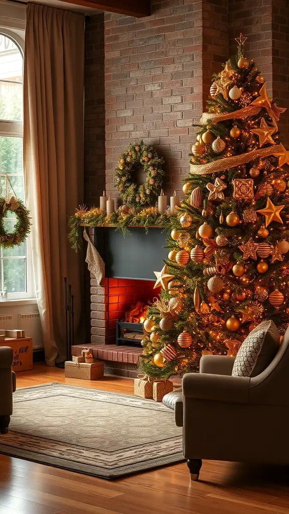 Cozy living room decorated for Christmas with a gold and brown theme, featuring a beautifully adorned Christmas tree and a warm fireplace.