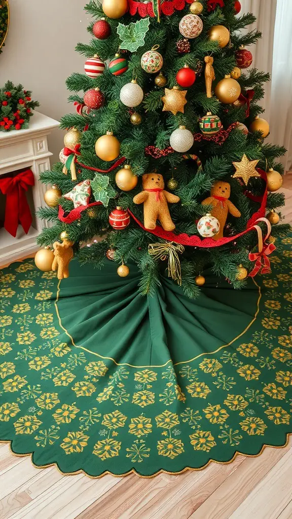 A green and gold Christmas tree skirt under a beautifully decorated Christmas tree.