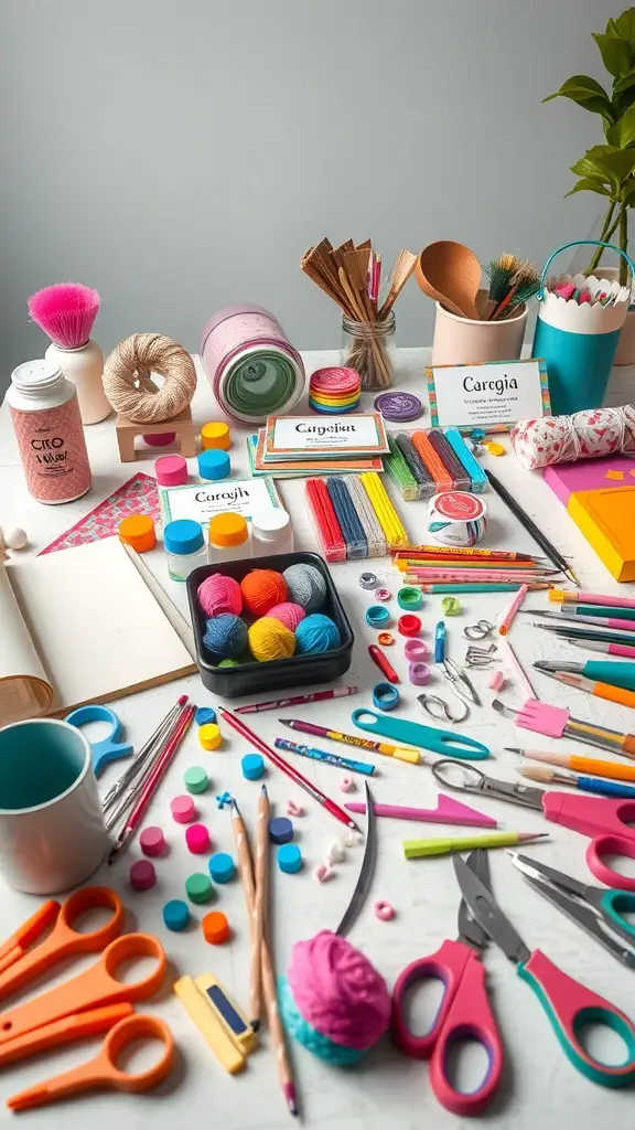 A colorful DIY craft kit with various art supplies like yarn, scissors, and paints.