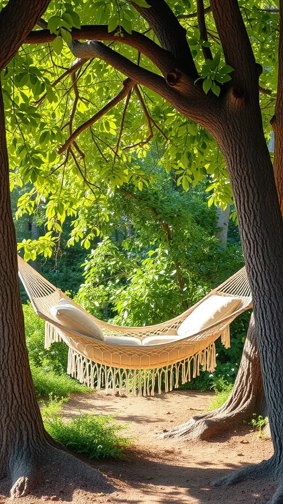 27+ Inspiring Italian Backyard Ideas for a Perfect Outdoor Retreat 12 A cozy hammock nestled between two trees, surrounded by green foliage.