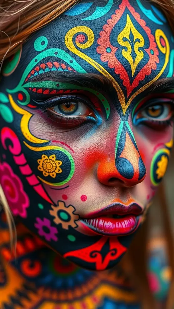 A close-up of a face painted with vibrant psychedelic designs, featuring intricate patterns and bright colors.